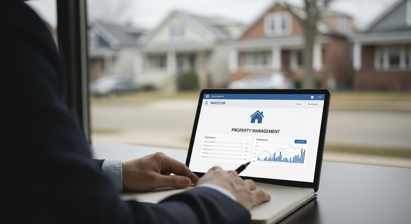 Inversor revisando en su notebook diferentes empresas de property management en Detroit.