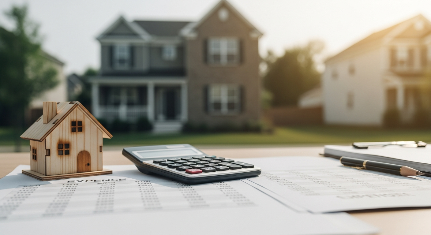 Mesa de un inversor con una mini casa, calculadora y planilla de gastos frente a una casa en barrio residencial.