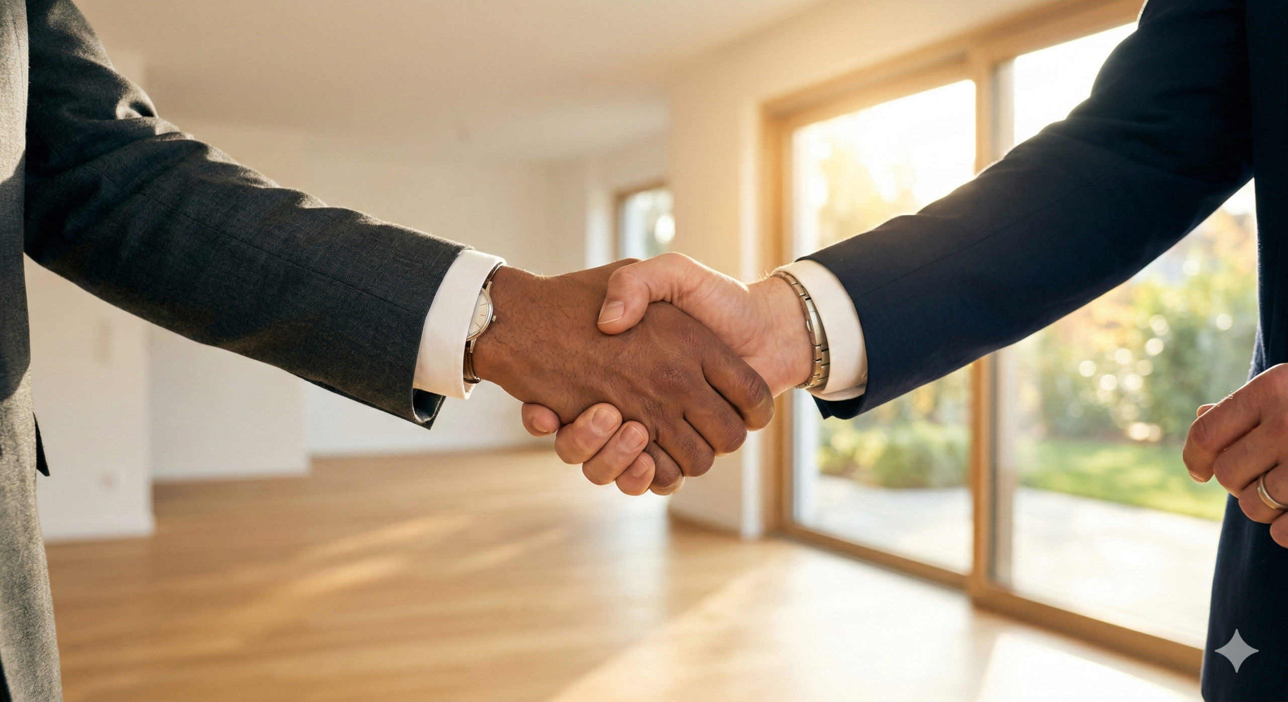 Propietario e inquilino dándose la mano tras firmar un contrato de alquiler para conseguir buenos inquilinos.